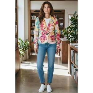 Colorful Floral Blazer Jacket M Watercolor Print Sequin Detail, Statement Piece